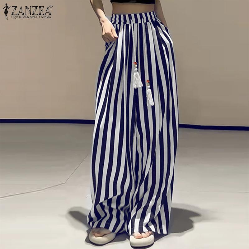 ZANZEA Women Casual Elastic Waist Loose Stripe Print Pants