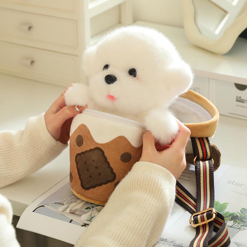 Kawaii Teacup Dog Plush Bag 2-In-1 Cute Puppy In A Milk Cup Bag Plushies Soft Bichon Stuffed Toy Lovely Gift For Girl Boy