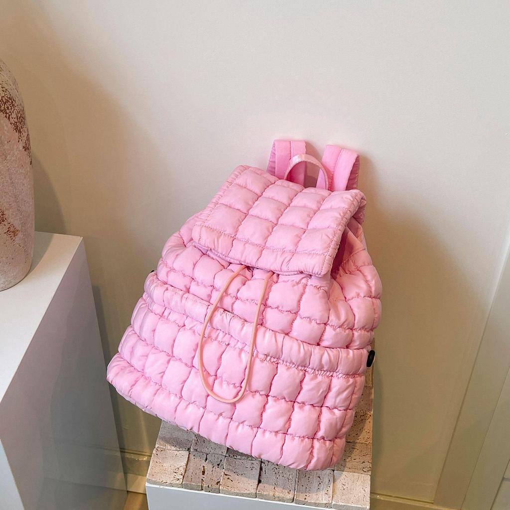Schoolbag Down Backpack Women's New Commuter Travel Large Capacity Backpack Light Fluffy Plaid Casual Korean Bag