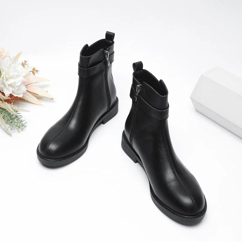 Fashion Belt Buckle Design Ankle Boots for Women Round Toe Soft Leather Side Zip Platform Boots Non-slip Brand Designer Flats