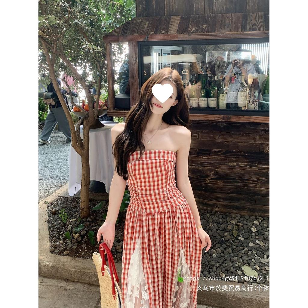 Design Sense Heavy Industry Lace Splicing Plaid Suspender Dress Summer New Skinny Long Dress Female Tide
