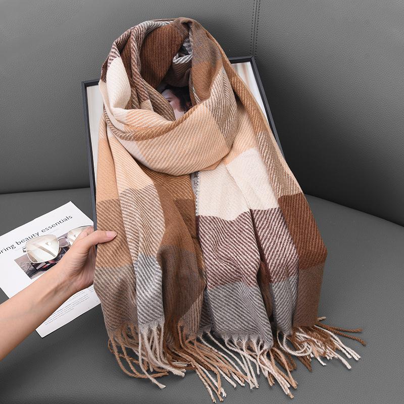Imitation cashmere scarf women's autumn and winter classic plaid casual fringed student long shawl scarf
