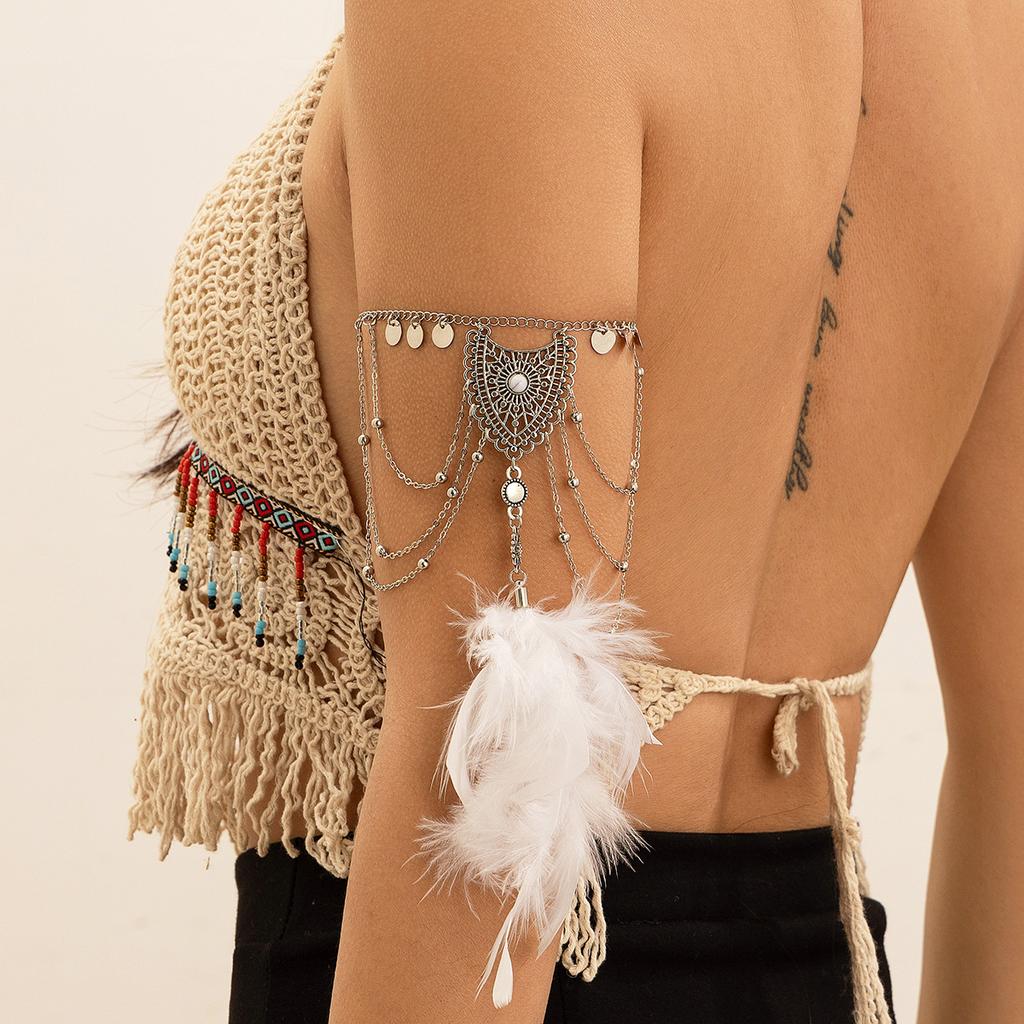 Bohemian Metal Chain Jewelry Arm Chain Female Punk Vintage Dream Catcher Leaf Tassel Open Arm Bracelet