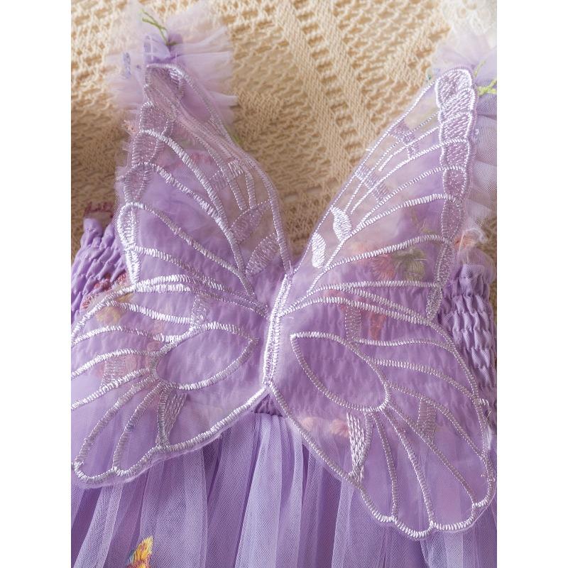 Mädchen-Traumhaftes Dreidimensionales Schmetterlingsflügelkleid, Süßes Mehrfarbiges Blumenbesticktes Netz-Prinzessinnenkleid für Sommer-Geburtstagspartys