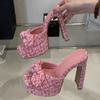 Fashion Eilyken Street Style Open Toe Butterfly-knot Women Slippers Fashion Platform Square High Heels Banquet Dress Slide Summer Shoes