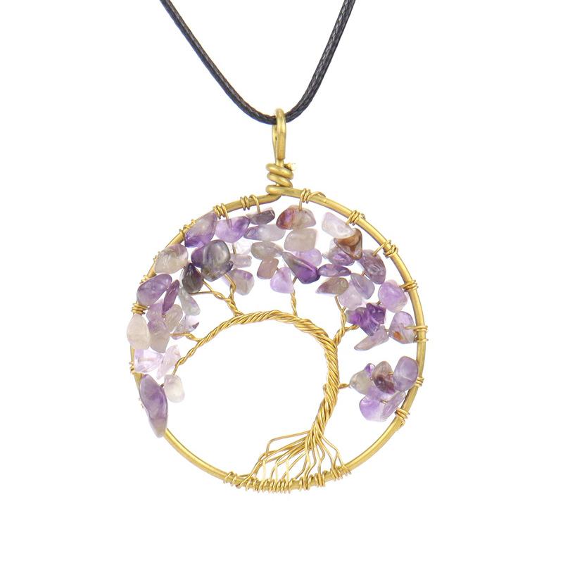 Hand-Wound Natural Gravel Crystal Pure Copper Curved Tree Of Life Pendant Necklace N43