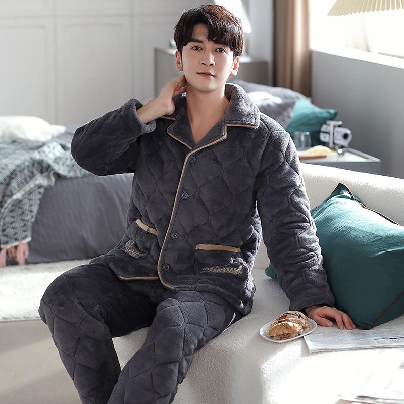 Pajamas Men'S Winter Three-Layer Thickened Fleece Thermal Jacket Autumn And Winter Coral Fleece Winter Loungewear Set