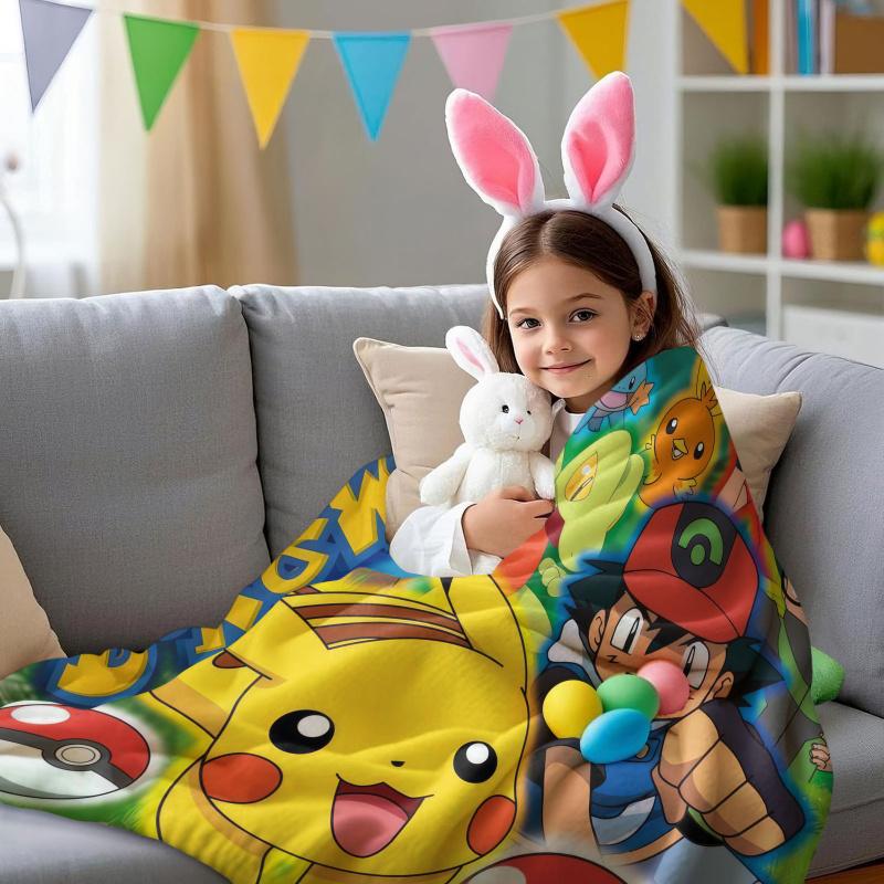 Pokémon Anime Flannel Blanket Pikachu Ash Ketchum Print Soft Warm Throw Sofa Bed Cover Cozy Nap Cape Gift for Kids Adults Fans