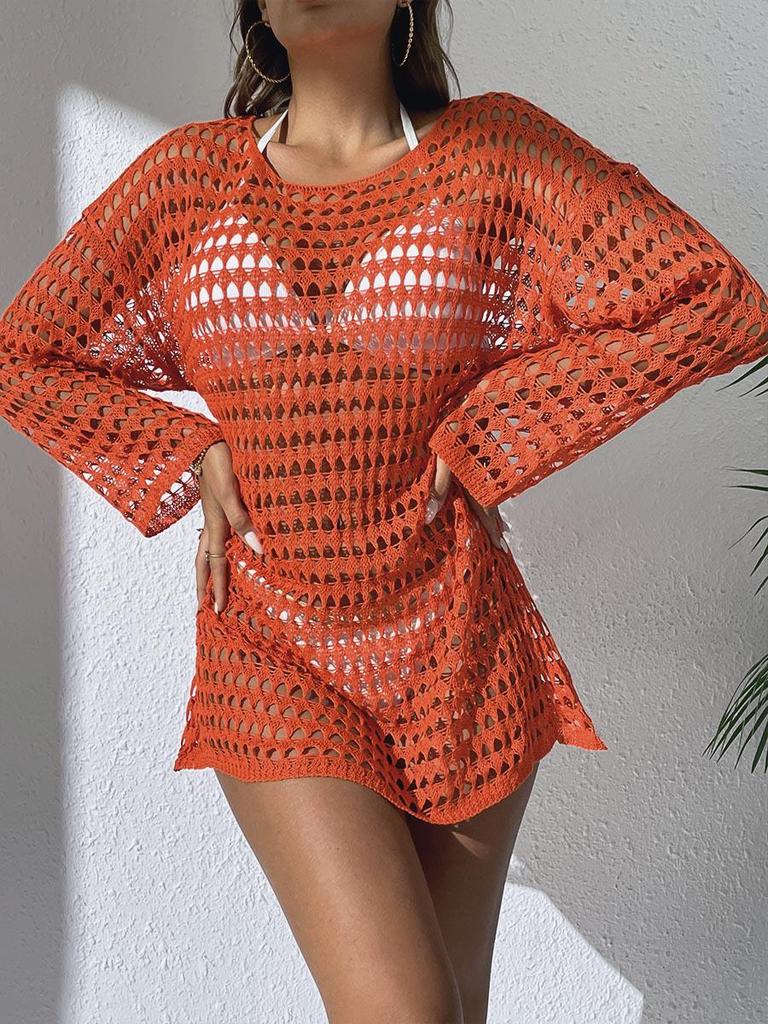 Europäisch-Amerikanischer Sexy Strick-Hollow-Pullover: Damen Langarm Rundhals Bikini Cover-Up für den Sommer