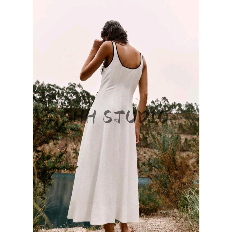 Autumn New Women Clothes Sling Contrast Color Trim Linen Blend Midi Dress 8214393 8214386