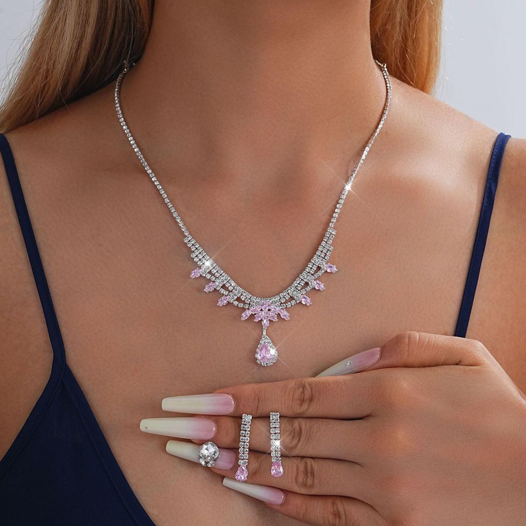 European-American Rhinestone Teardrop Necklace & Earring Set: Korean-Style Bridal Temperament Collarbone Chain Jewelry for Women