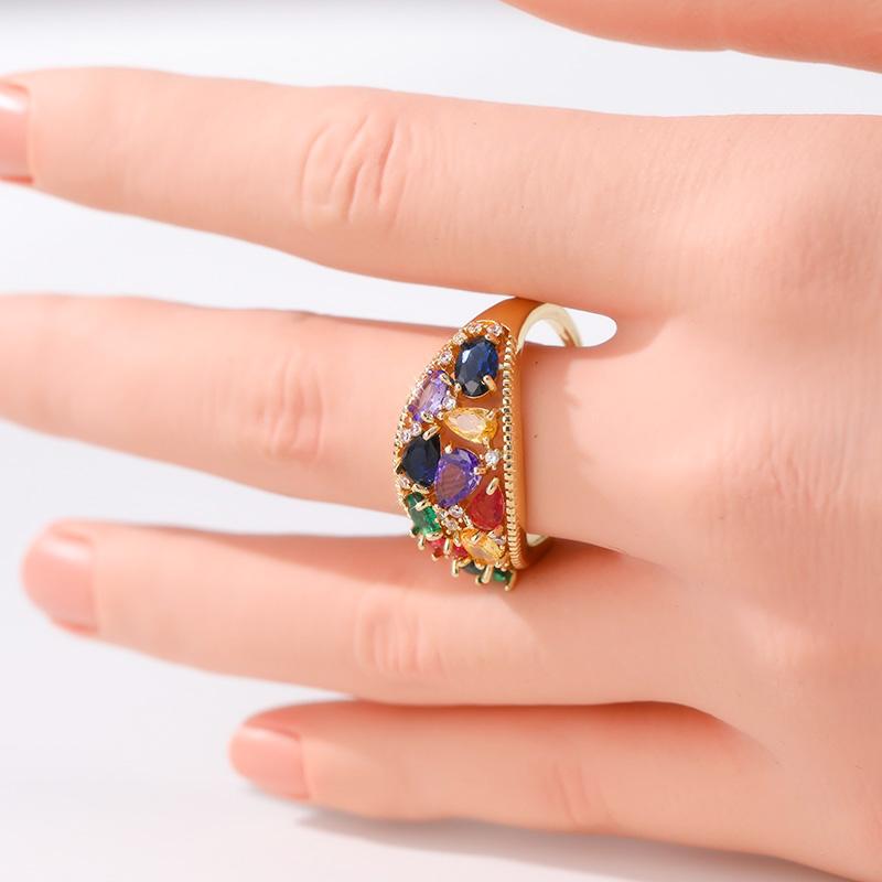 Exquisite Inlaid Multicolored CZ Women's Ring Trendy Gold Color Geometry Daily Wear Party Jewelry Anniversary Gift