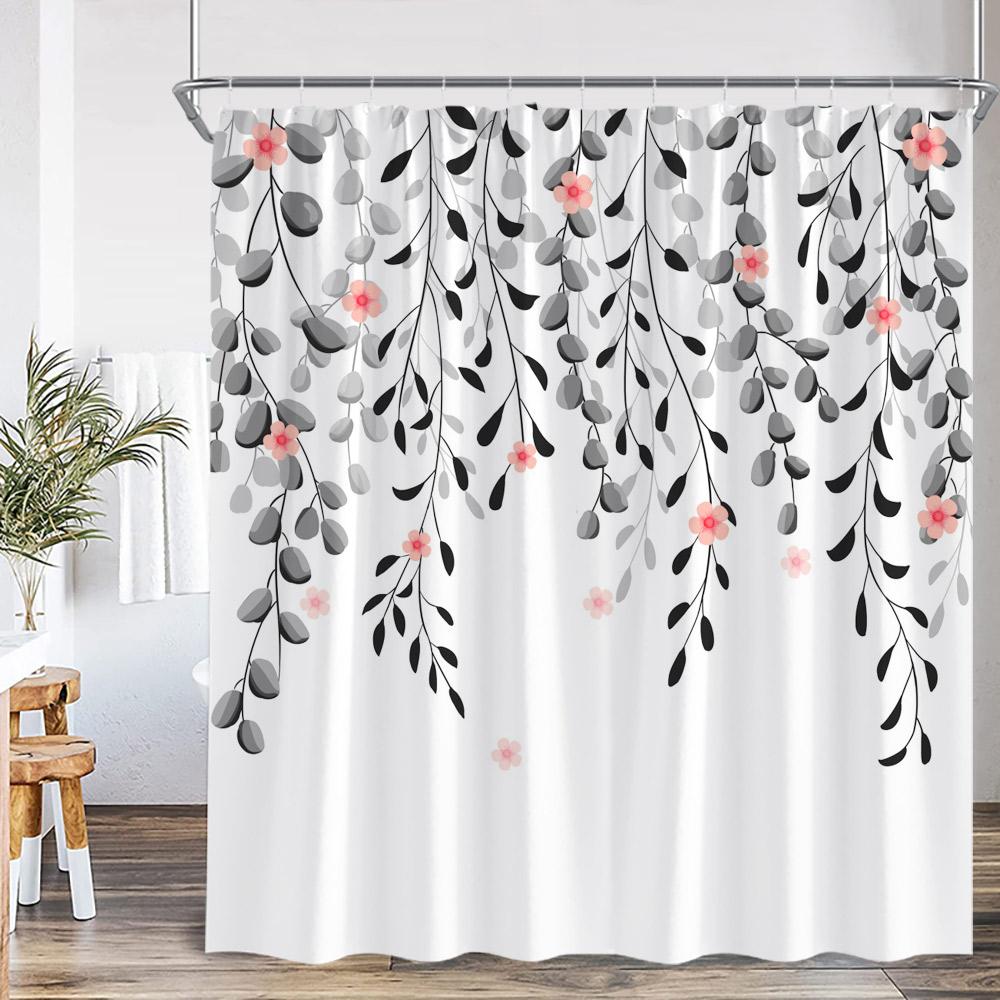 Floral Leaf Shower Curtain Green Leaves Colorful Flower Plant Nordic Bathroom Decor Modern Polyester Bath Curtain With Hook