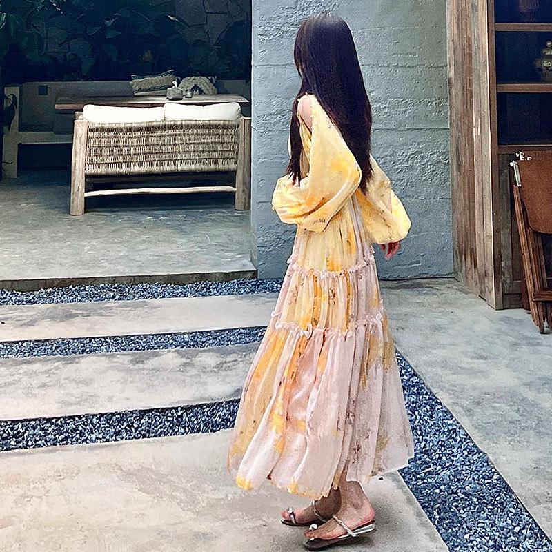 

Легкое роскошное платье высокого класса с французским принтом и большой юбкой-солнце One Size