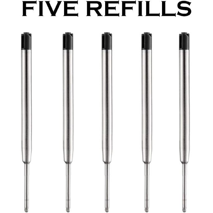 HeTaoCat Black Ink Refill Pack of 5, Replaceable Ballpoint Pen Refills, Medium Point Metal Refil (Black)