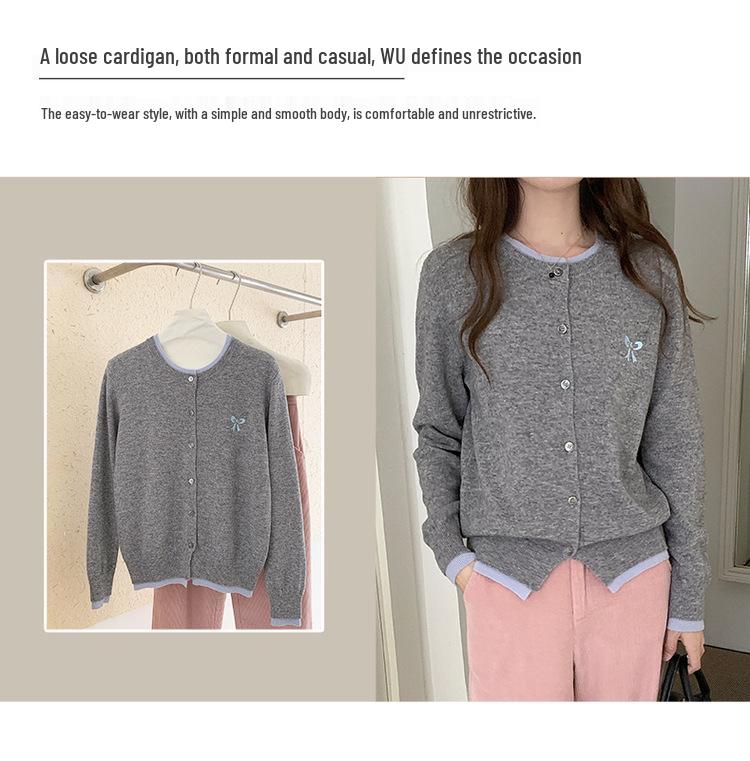Women's Wool Cardigan: Round Neck Color Block, Embroidered Two-Piece Coco Style Sweater