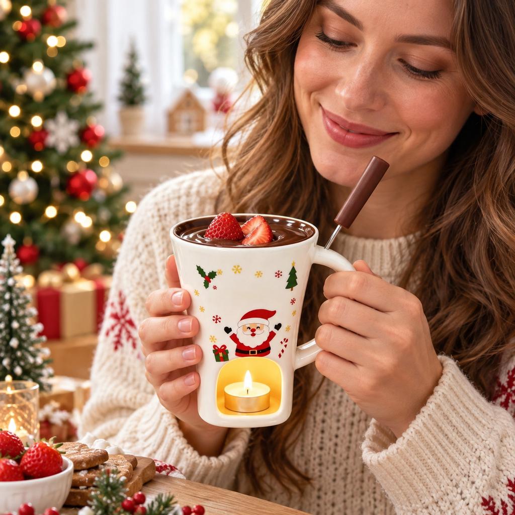 Ceramic Chocolate Fondue Cup, Christmas Holiday Dessert Fondue Cup for Parties and Gifts