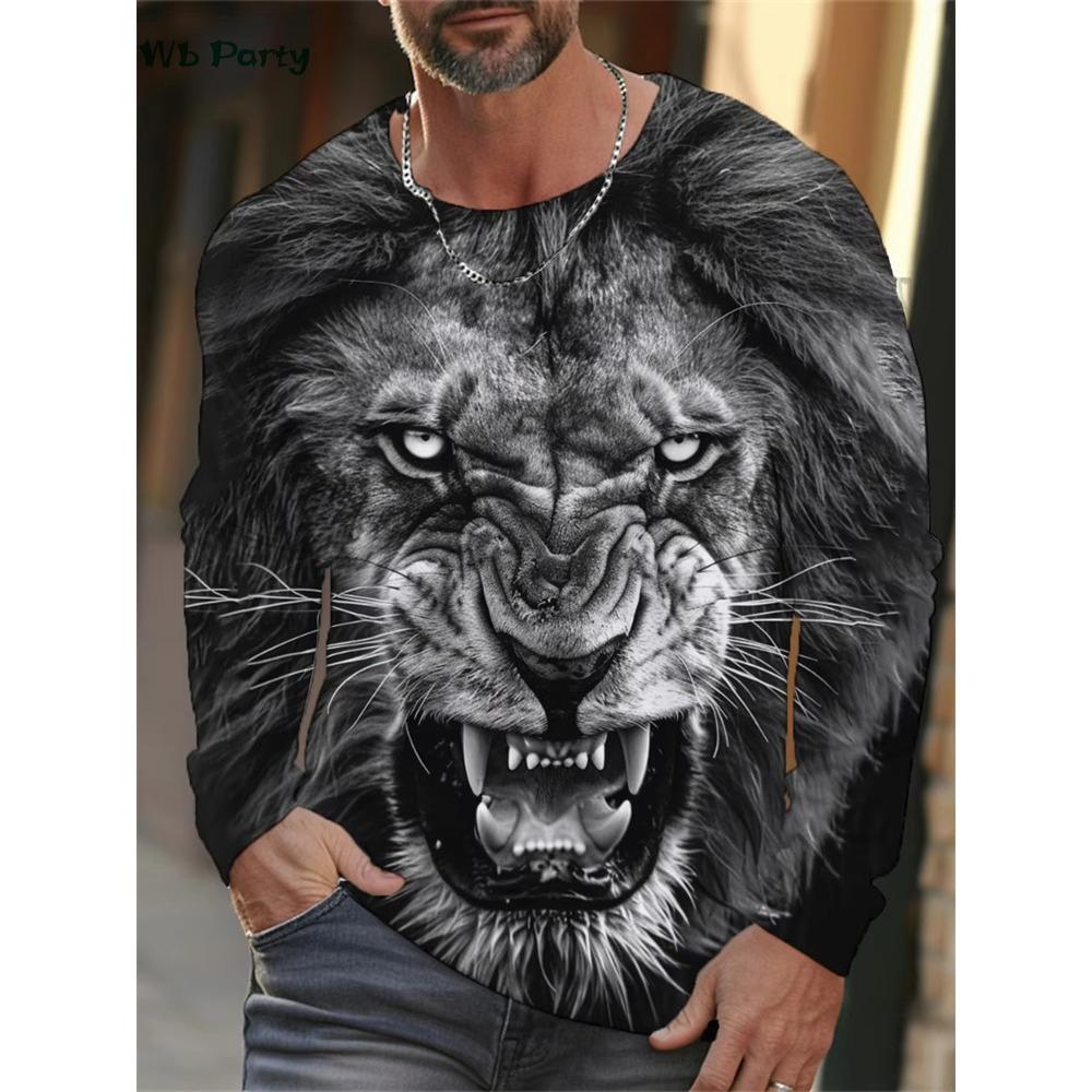 Vintage Lion T Shirt Men 3D Print Lion Graphic T Shirts Men Long Sleeve T-Shirt Mens Clothing Casual Loose Men's Clothing Tops