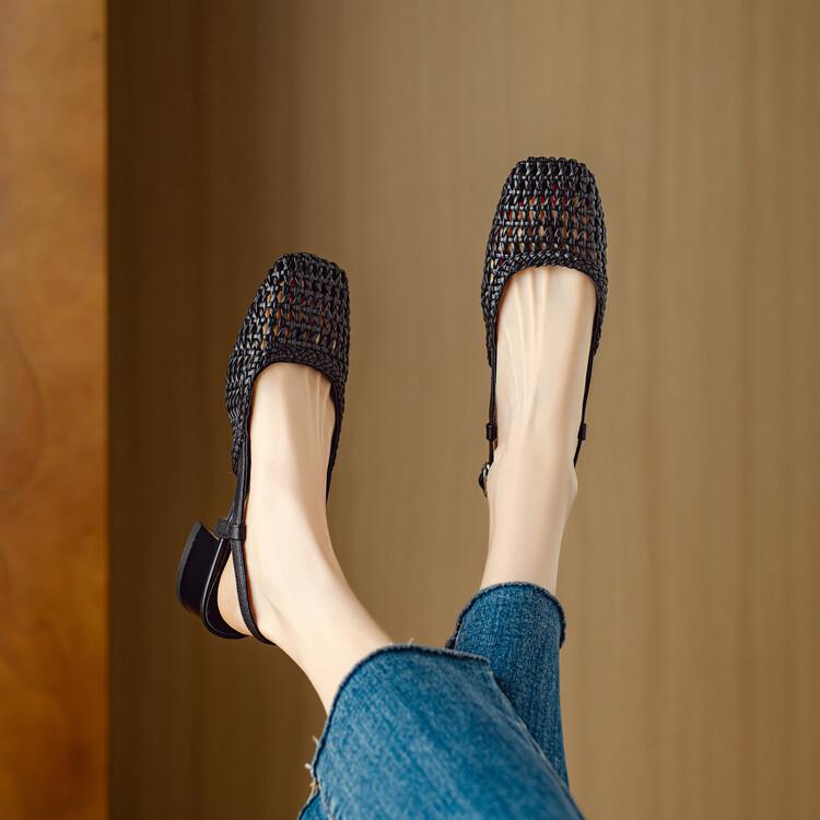 Fashion French Retro Woven Hollow Bag Head Sandals Women Summer New Gentle Back Strap Thick Heel Single Shoes