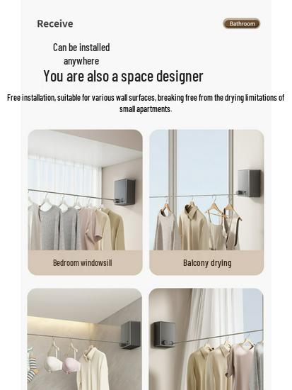 Gun Gray Retractable Invisible Clothesline for Indoor, No-Punch Installation; Ideal for Bathroom or Balcony.