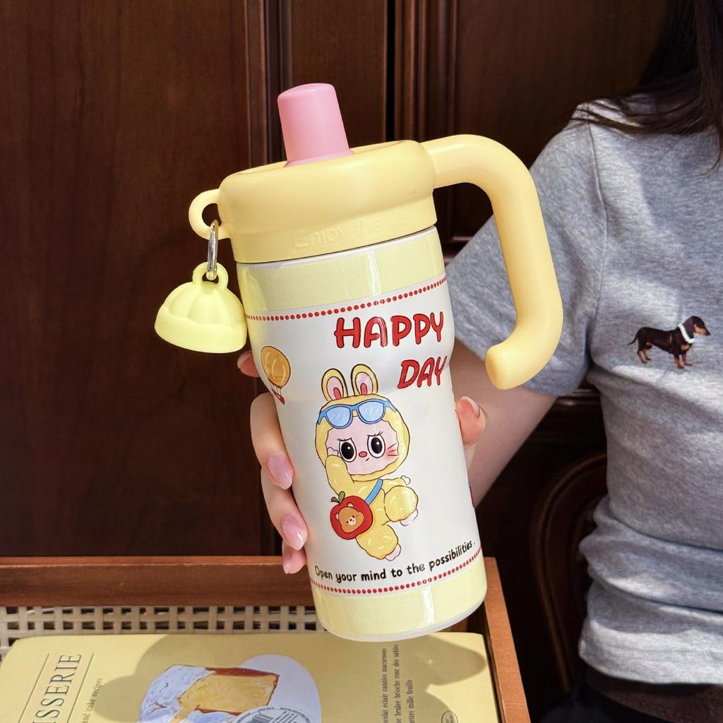 Cartoon Handle Straw Cup Stainless Steel Vacuum Thermos Cup Household Water Cup Office Desktop Cup Gift Cup
