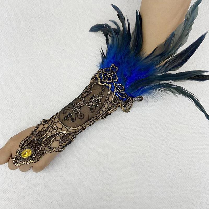 Gothic Feather Gold Lace Long Glove Bracelet Women Party Sexy Fingerless Gloves Exaggerated Lace Fishnet Gloves Accessories