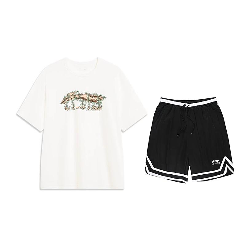 

Li-Ning Vine Logo Printed Round Neck Short Sleeve Casual Sports Set Unisex sets Off-White Black AHSU973-1+YAPV001-1 S