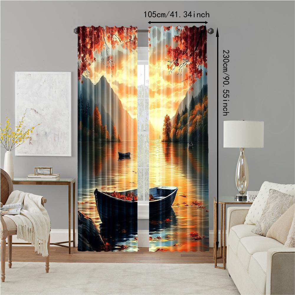 2 Stück vielseitige transparente Polyester-Vorhänge für die Heimdekoration Lakeside Sunset zur Verwendung in Schlafzimmern und Wohnzimmern