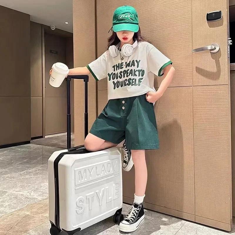 

Children s Sets Teenager Clothing Free Shipping Items Summer Color Block Sports Suit T-shirt +Quarter Pants Two-piece SetLetter 120 зелёный