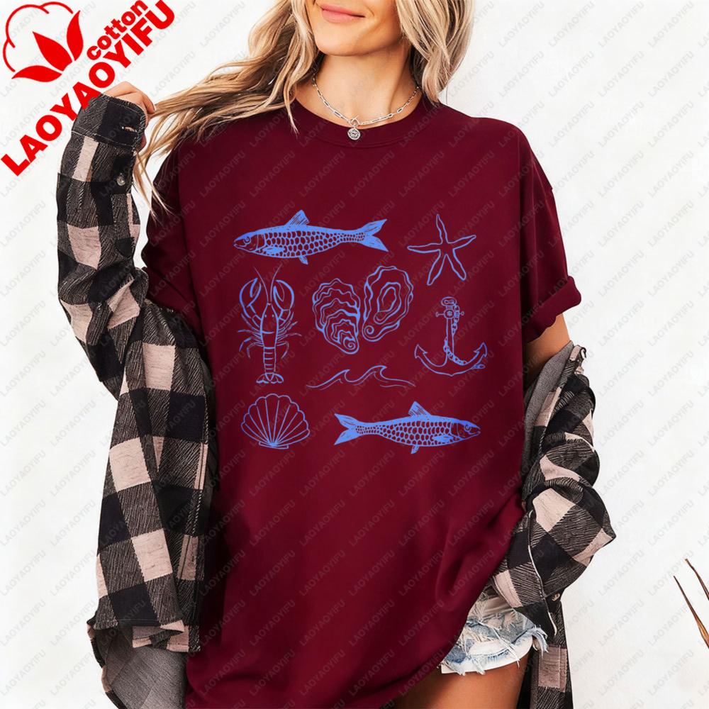 Sea Life Pattern Vintage Graphic Printed Tshirt Oneck Cotton Short Sleeve Unisex Casual Fashion Summer Tshirt Daily Life Tops