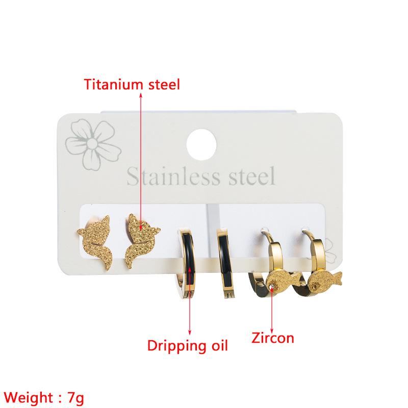 Women Simple Hoop Earrings Six-piece Set Stainless Titanium Steel Zircon Gold Color Fish Geometric Ear Ornaments