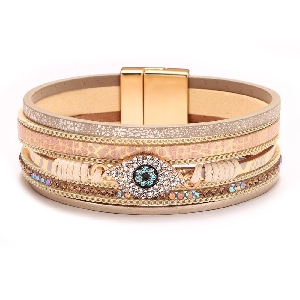 Bohemian Micro-Diamond Cross Bracelet with Magnetic Clasp & PU Leather