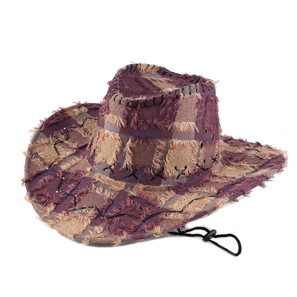 Adjustable Wide Brim Sun Hat Y2k Plaid Knight Hat Vintage Western Cowboy Hat for Male Female