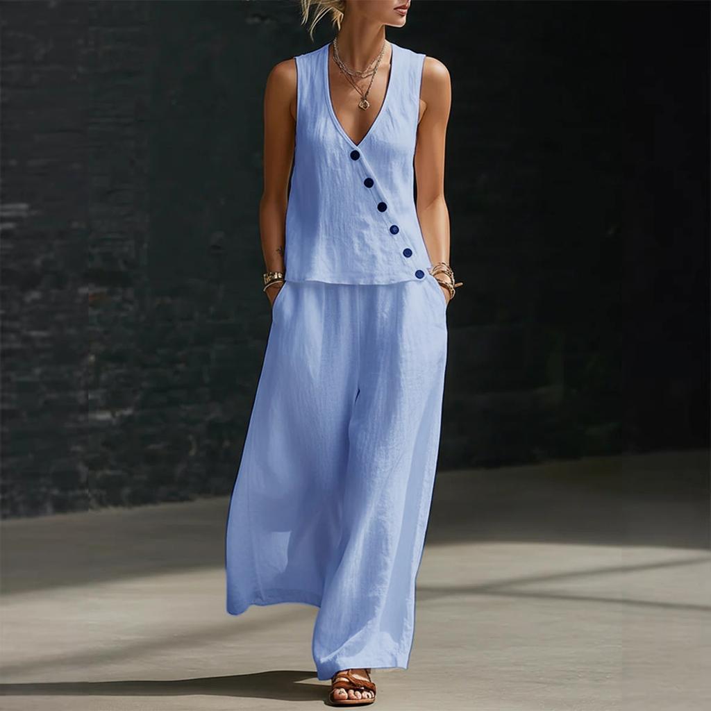 Women's Fashion Color Sleeveless V-neck Button Top With Elastic Waist Pocket Wide Leg Casual Pants Two Piece Set
