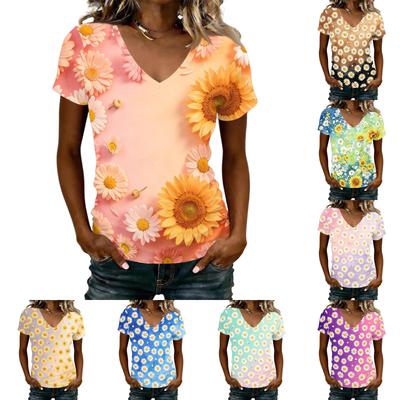 Damen Casual V-Ausschnitt Kurzarm Blumenmuster T-Shirt Top Leicht Bequem Sommer T-Shirt mit Gänseblümchen-Muster