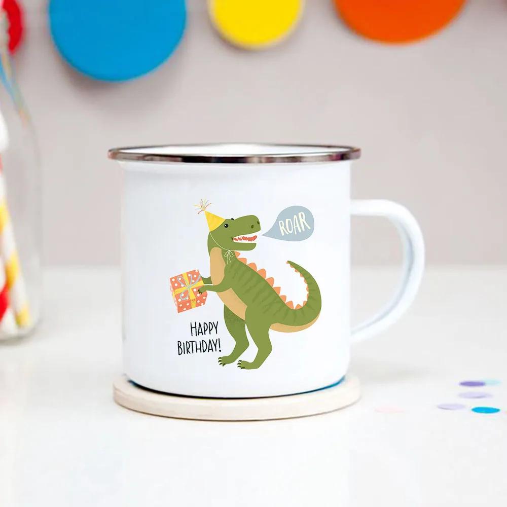 Happy Birthday Boys Girls Enamel Cocoa Mugs Home Party Cartoon Dinosaur Kids Drink Juice Cola Milk Cups Child Baby Birthday Gift