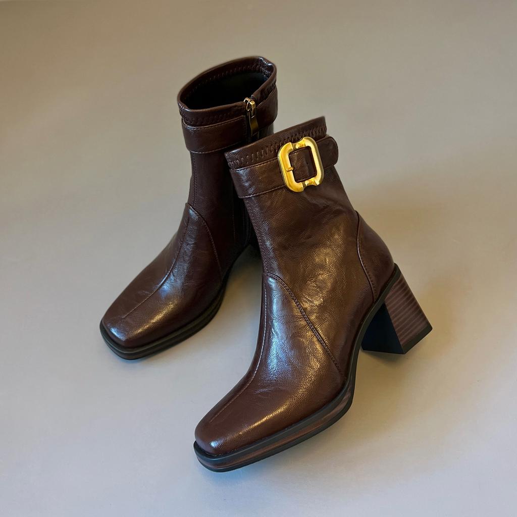 Soft-faced versatile square head high-heeled short boots women's retro thick heel thick-soled thin velvet Martin boots silent-soled thin boots
