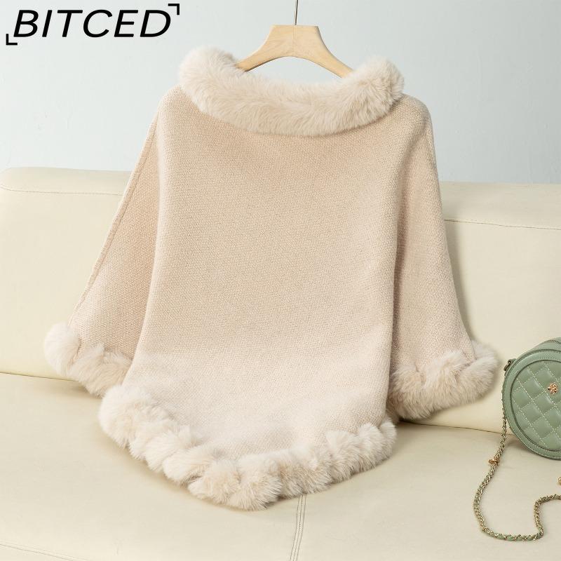 BITCED Solid Colour Wool-Trimmed Pullover for Women Autumn/Winter Thick Vintage Check Knitted Cape Shawl