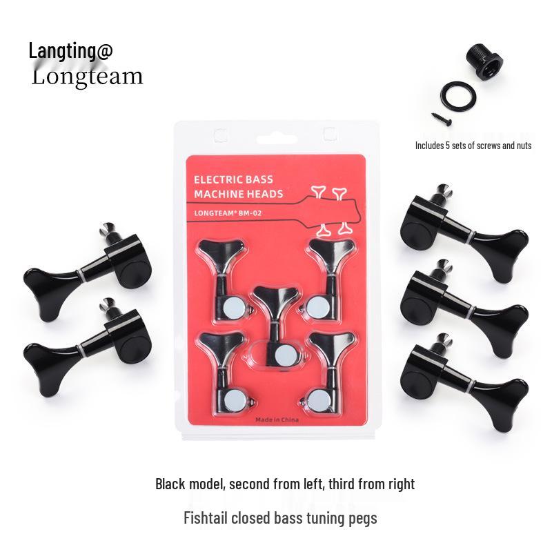Langting 5-String Electric Bass Tuners, Black/Silver Fishbone Design, All-Metal, 5-Pack