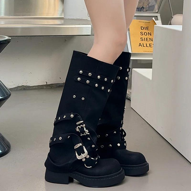 Frauen Mid Heels Hohe Stiefel Leder Mode Neue Knie Hohe Schuhe Frau Desigenr Chelsea Stiefel Walking Punk Mujer Motorrad Stiefel