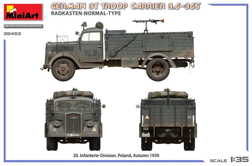 Miniart Scale German Troop Carrier Standard Fender Type Plastic Model MA35453 1/35 3-ton 3,6-36S (Military Vehicle)
