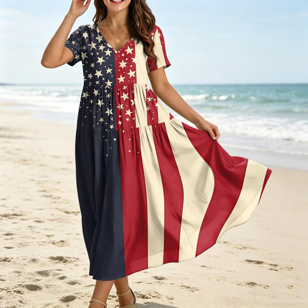 Women’s Short Sleeve V Neck Maxi Dress with Star and Stripe Print Loose Fit Casual A Line Long Dress for Summer Daily Wear