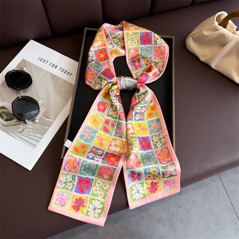 Spring and Summer Flower Double-layer Scarf, Streamer Strap, Bag Decoration, Suit Scarf, Small Long Headband, Silk Scarf, Women's Printing Is Narrow a