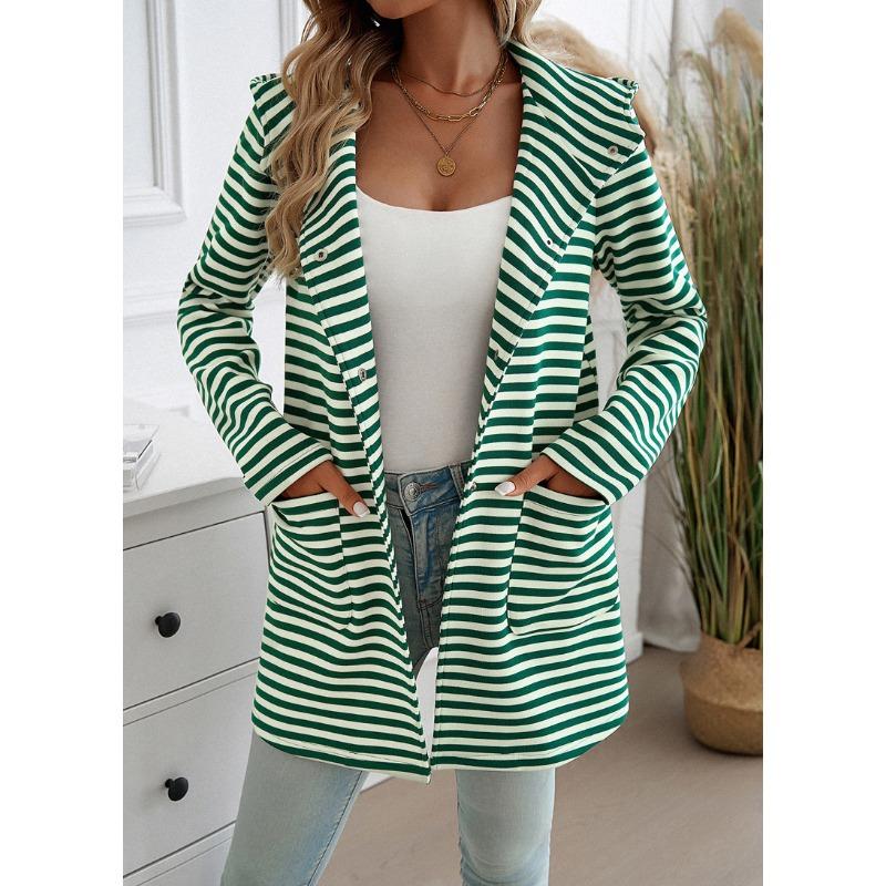 Women's Autumn and Winter New Temperament Striped Cardigan Hooded Knitted Long-sleeved Jacket