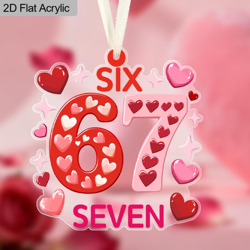 Happy Valentine's Day, 67 Six Seven Sign, Pink Love Heart Pattern, Acrylic Pendant, Party Holiday Decor, Home Decor, Window Pendant Decor, Decor Sign