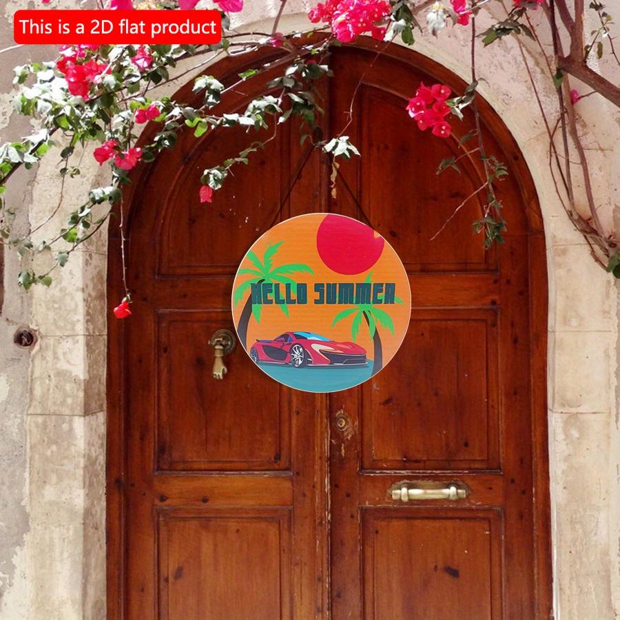 2D flach 20*20cm1Stk Nostalgische Strand Sonnenuntergang&Kokosnussinsel Szenerie Runde Dekorative Plakette, Rotes Sportwagenmuster Für Strandstadt&Resorthotel Hängend