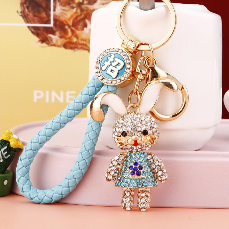 Cute Creative Metal Rabbit Keychain With Rhinestone Flower Dress For Women Gifts