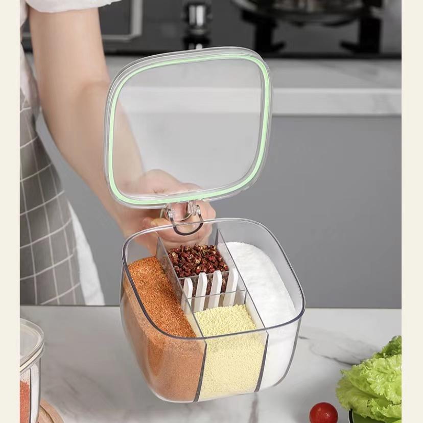 Kuchyňská dóza na koření Utěsněná dóza na ochucovadlo s páskou odolná proti vlhkosti se čtyřmi přihrádkami Nádrž na ochucovadlo lisovacího typu