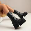Winter Punk Women Boots Platform Mid Calf Boots Black Buckle Strap Zipper Wedges Shoes Short Plush Motorcycle Boots