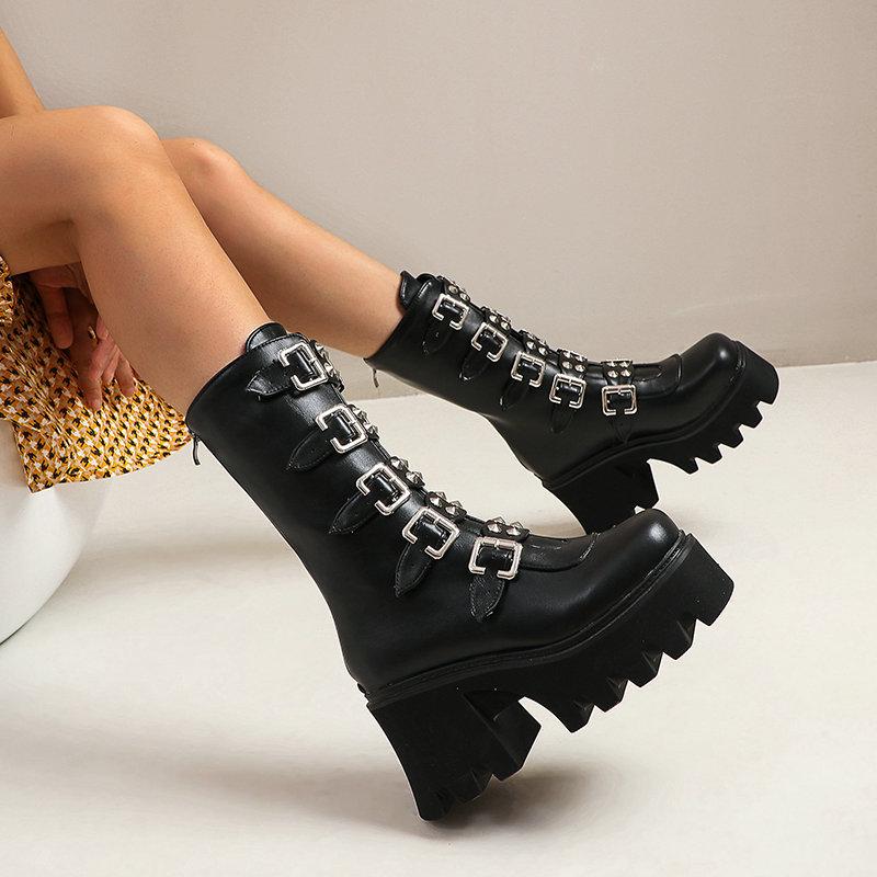 Winter Punk Women Boots Platform Mid Calf Boots Black Buckle Strap Zipper Wedges Shoes Short Plush Motorcycle Boots